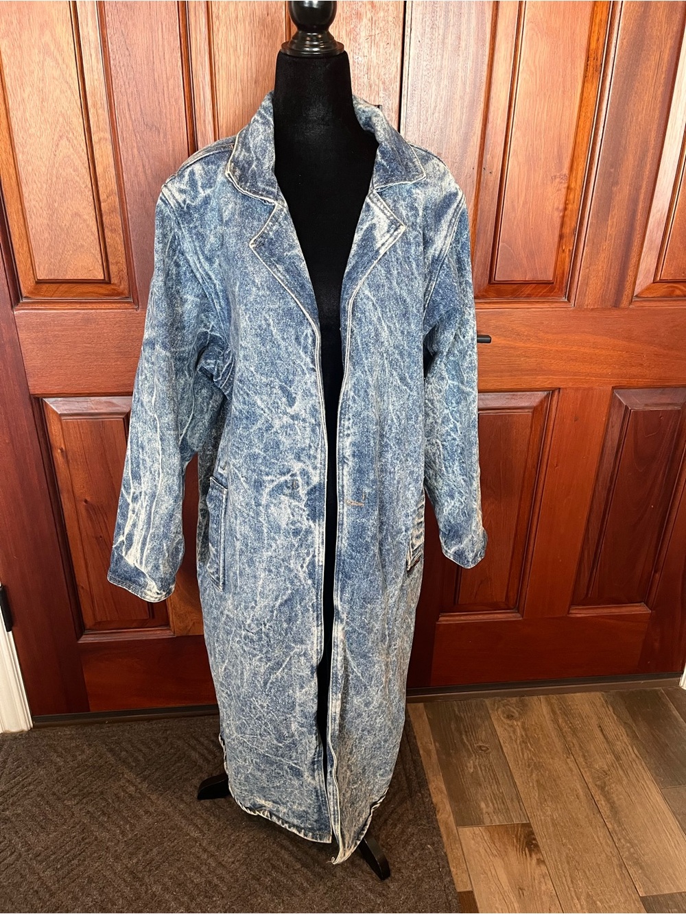 Vintage 80s 90s Womens Denim Trench Coat Long Acid Wash Denim Coat Blue Sz S